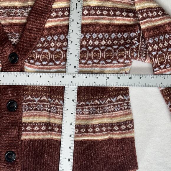 Pink Rose Fair Isle Pattern Cardigan Sweater Size L Women’s Button-Front Cropped - Picture 8 of 12